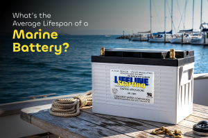 Close-up of a marine deep cycle battery on a fishing boat illustrating durability, maintenance, and expected marine battery lifespan