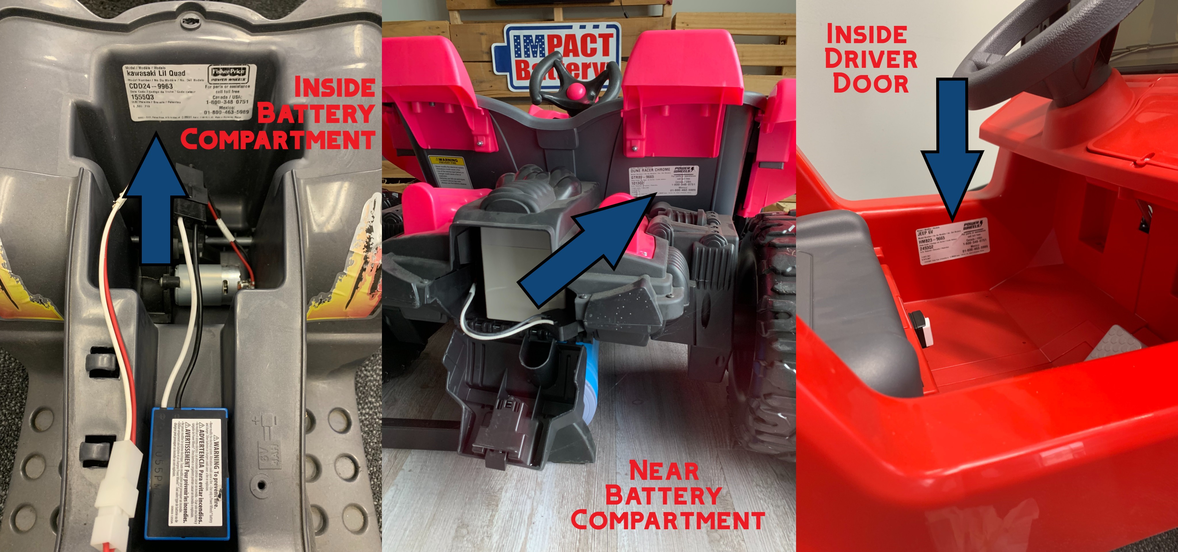 Three example locations of the Power Wheels model number sticker: inside battery compartment, near battery compartment, and inside driver door