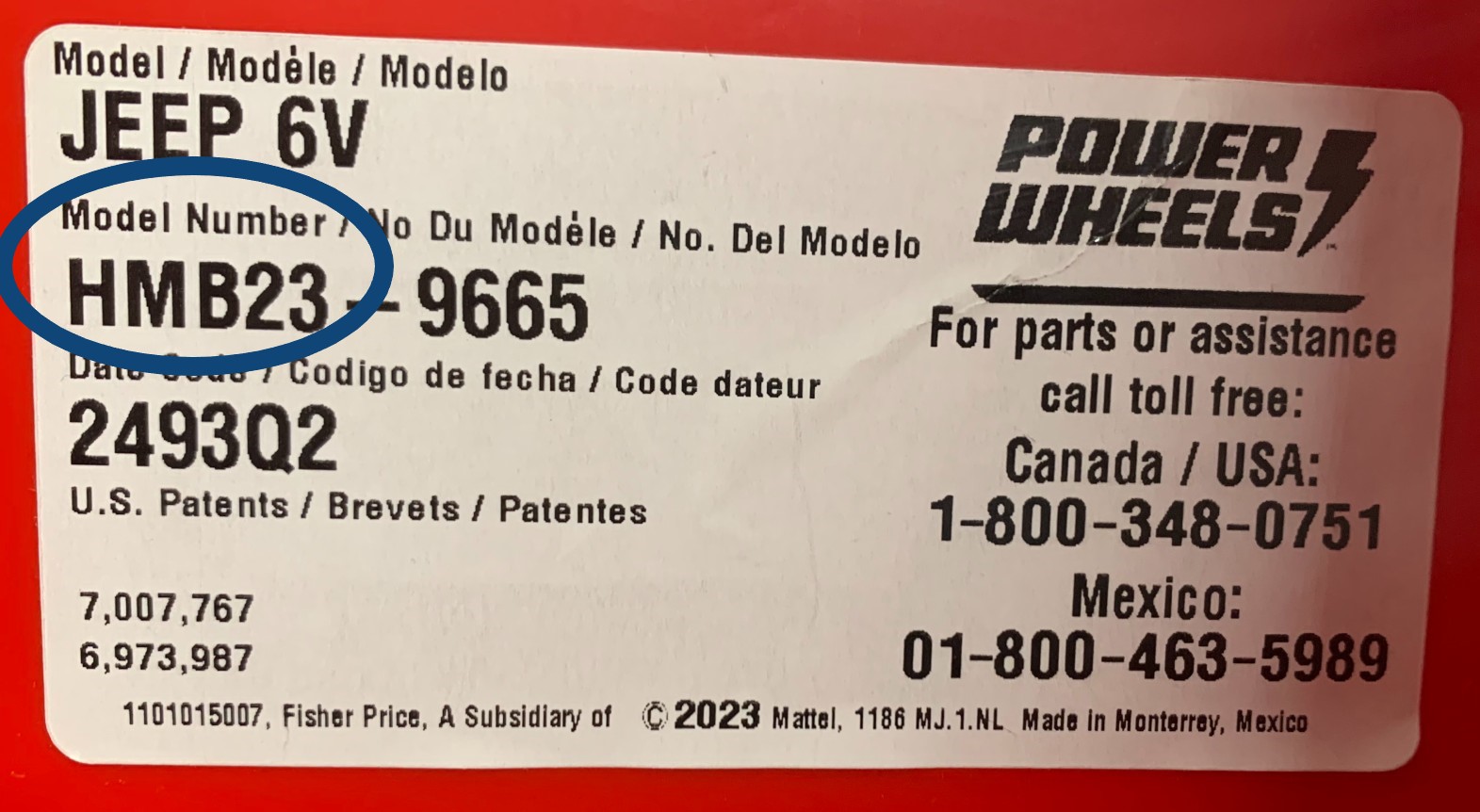 Power Wheels Model Number Location - Example showing FLN58 model number on vehicle sticker